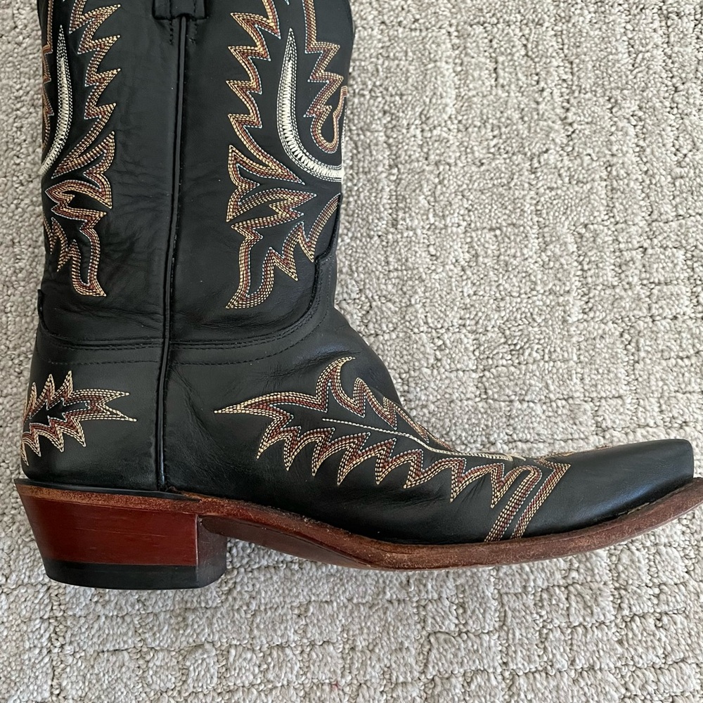 Lucchese Black Leather Western Cowboy Boots Stitched embellishments Rare 9.5 M! - Picture 11 of 16